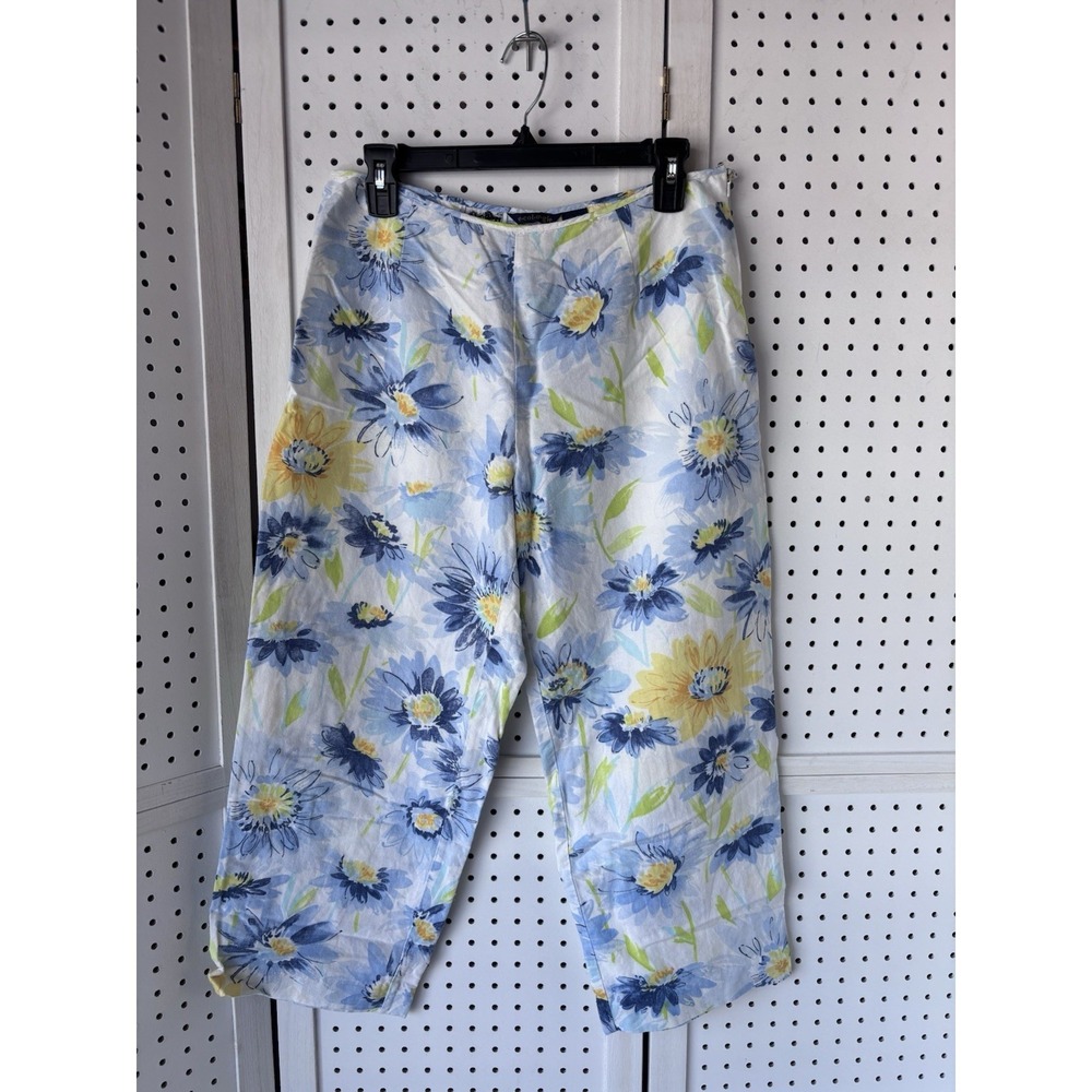 Ecology Women's 12 Floral Cropped Capri Pants Irish Linen White Blue Yellow